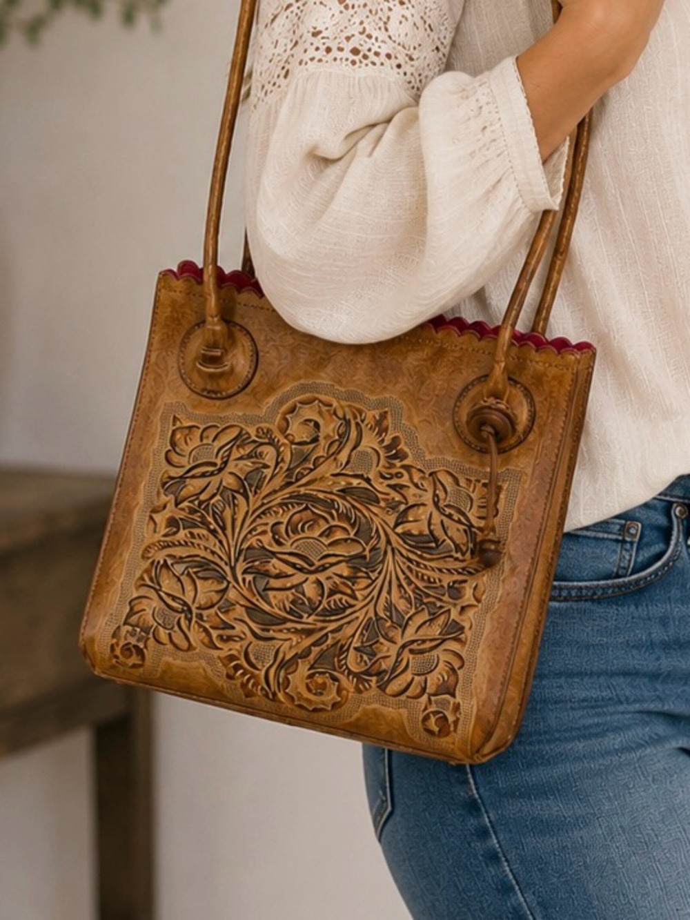 Patricia Nash Tooled Leather Tote Bag Tan Floral Embossed Western Boho Handbag